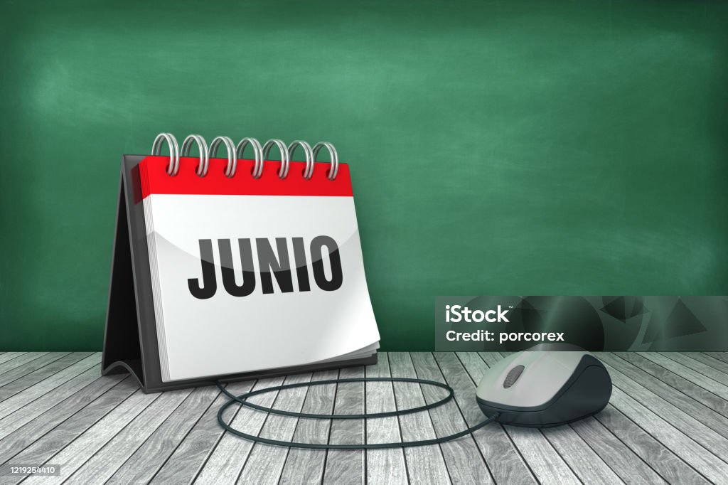 JUNIO Calendar with Computer Mouse - Spanish Word - 3D Rendering 2022 Stock Photo