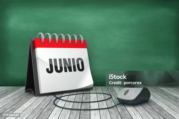 Junio Calendar With Computer Mouse Spanish Word 3d Rendering Stock Photo - Download Image Now