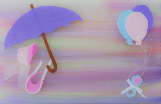 Baby Shower, girl's pink bonnet, bib, rattle, purple umbrella, balloons; Felt Art Craft; Announcement. Copy Space.