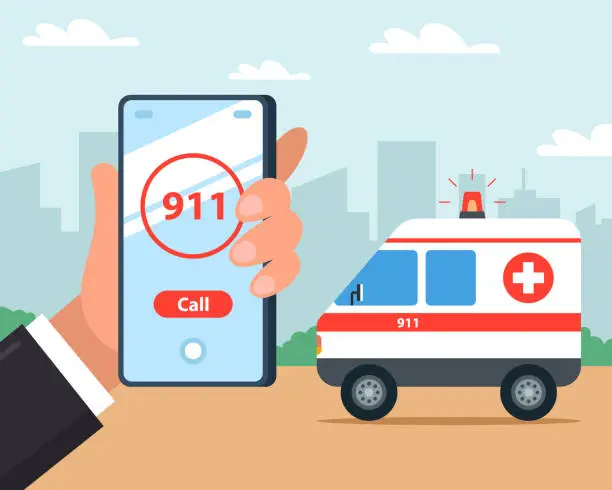 Vector illustration of Call an ambulance on your mobile phone. First aid