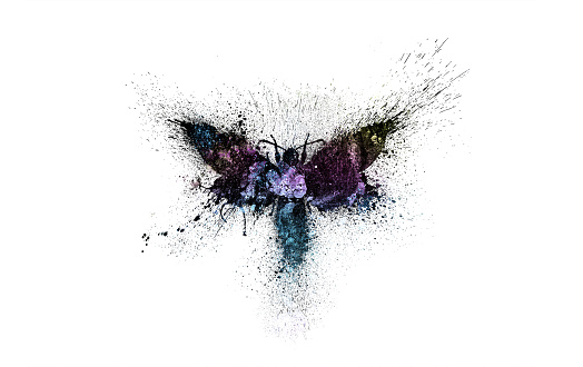 Beautiful butterfly silhouette with multicolored space background inside, nebula, stars and galaxies with paint splashes, splatters and blots isolated on a white background.
