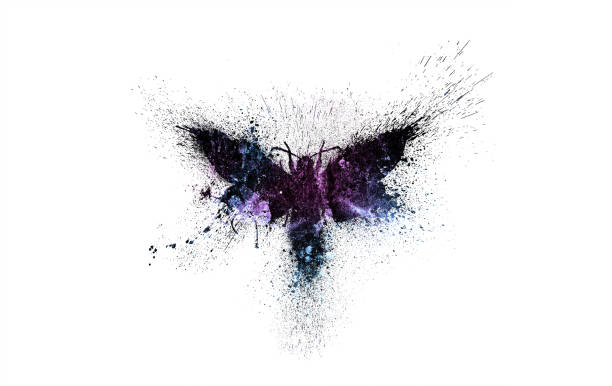 Beautiful butterfly silhouette with multicolored space background inside, nebula, stars and galaxies with paint splashes, splatters and blots isolated on a white background.