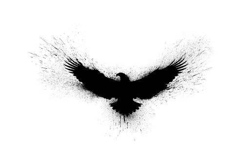 Silueta negra de un águila voladora con alas extendidas con salpicaduras de pintura, salpicaduras y manchas aisladas sobre un fondo blanco. photo