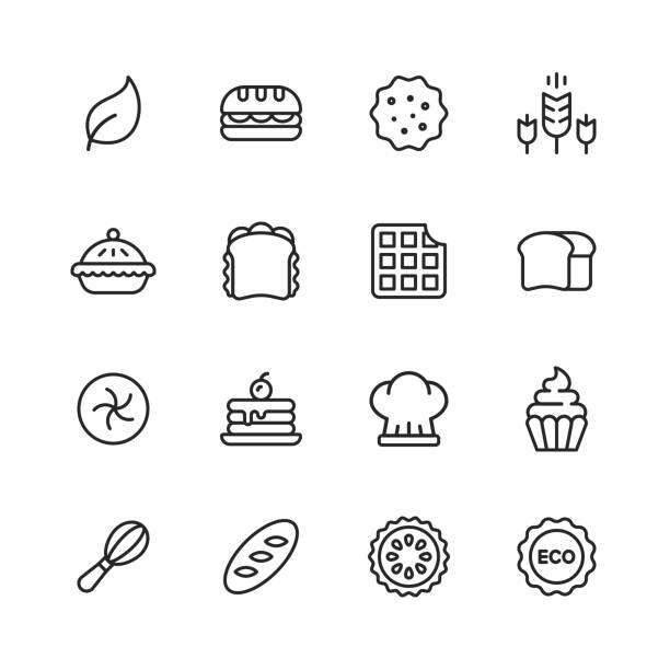 Bakery Line Icons. Editable Stroke. Pixel Perfect. For Mobile and Web. Contains such icons as Bakery, Food, Restaurant, Pizza, Cake, Bread, Hamburger, Sandwich, Pancake, Doughnut, Apple Pie, Biscuit, Dessert. 16 Bakery Outline Icons. sandwich symbols stock illustrations