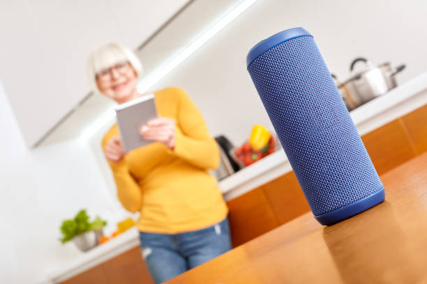 istock Mature aged woman using modern tablet computer and smart speaker 1219263784
