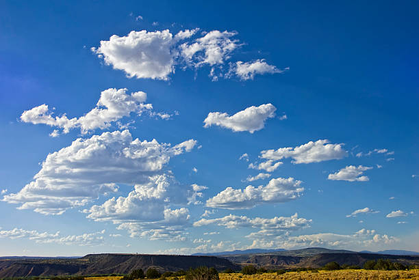Española, NM: Golden winter fields and distant hills under a vibrant blue sky. Espanola is in northern New Mexico, about 25 miles north of Santa Fe.