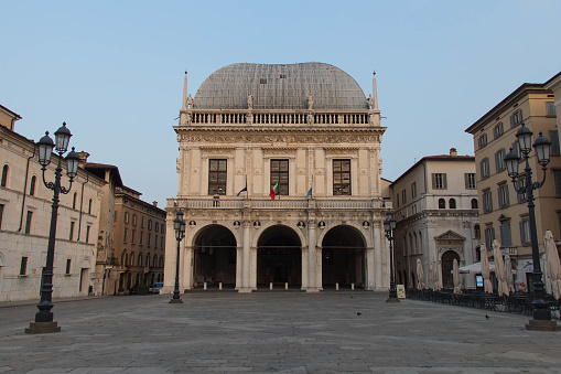 Brescia, Italy - August 1 2018: the view of Palazzo della Loggia or Brescia City Hall on August 1 2018, Lombardy, Italy.