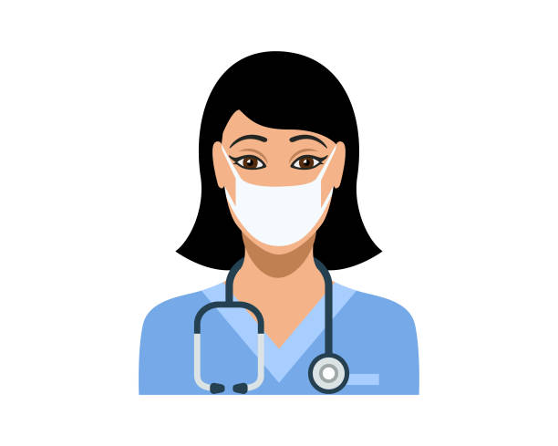 junge krankenschwester trägt schützende medizinische gesichtsmaske - overworked worried distraught front view stock-grafiken, -clipart, -cartoons und -symbole