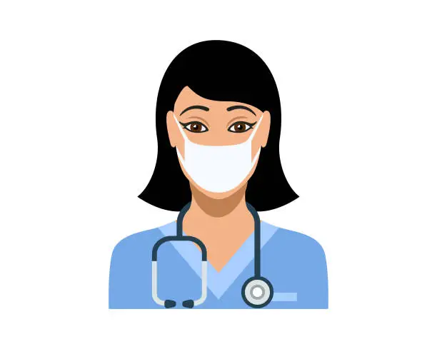 Vector illustration of Young female nurse wearing protective medical face mask