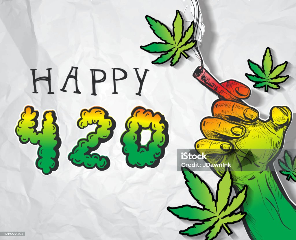 Happy Cannabis 420 Celebration Greeting Design With Hand Holding A Joint  Stock Illustration - Download Image Now - iStock