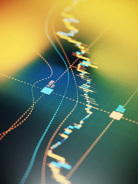 bar graph moving up on digital display - stock market and finance concept - bar graph imagens e fotografias de stock