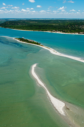 Coroa do Avião small island located in Igarassu, near Recife, Pernambuco. It is basically a sand bank covered with vegetation and some constructions. Aerial view
