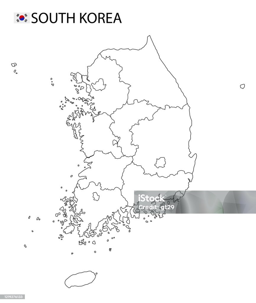 한국지도 국가의 흑백 상세한 개요 지역 지도에 대한 스톡 벡터 아트 및 기타 이미지 - 지도, 한국, 대한민국 - Istock