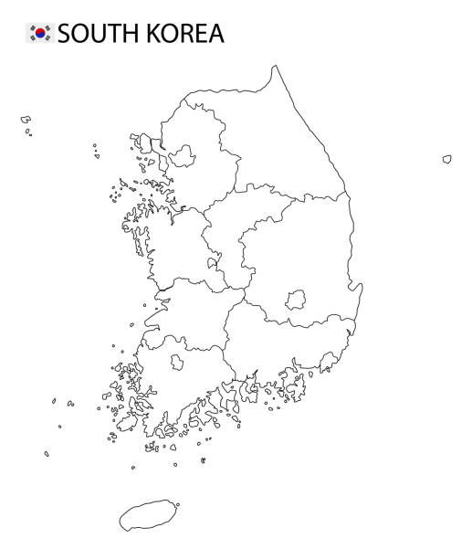 карта кореи, черно-белые подробные наброски регионов страны. - south korea stock illustrations