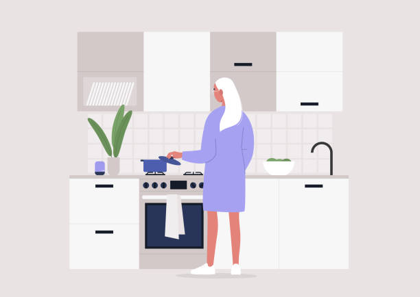 ilustrações de stock, clip art, desenhos animados e ícones de young female character making meal at the kitchen, rear view, stay at home lifestyle - chef commercial kitchen cooking silhouette