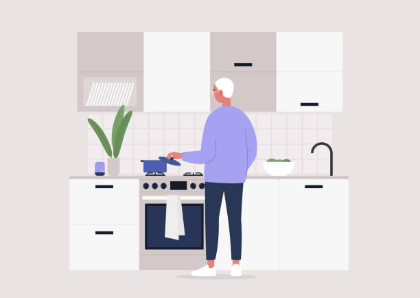 illustrations, cliparts, dessins animés et icônes de jeune caractère masculin faisant le repas à la cuisine, vue arrière, rester à la maison le mode de vie - chef men one person cooking