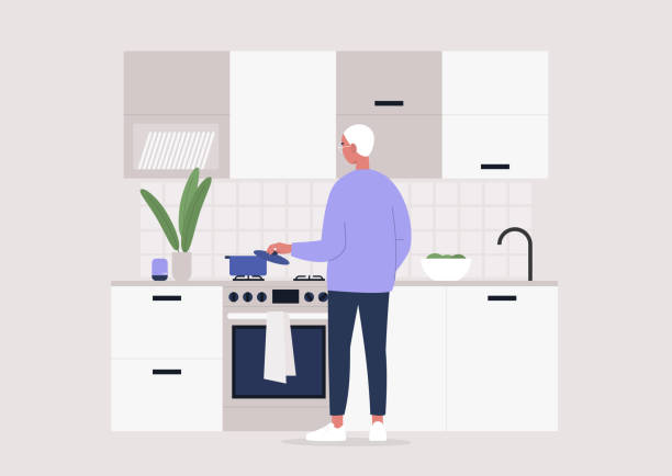 Young male character making meal at the kitchen, rear view, stay at home lifestyle Young male character making meal at the kitchen, rear view, stay at home lifestyle kitchen silhouettes stock illustrations