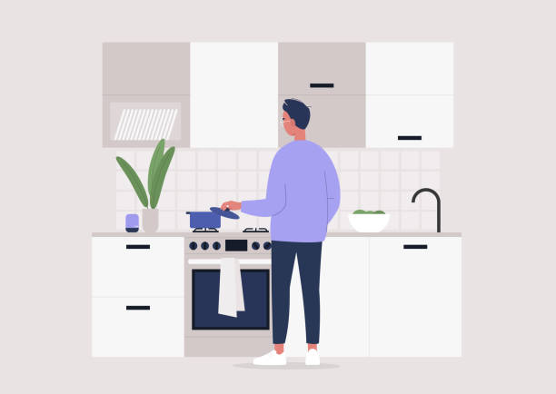 illustrations, cliparts, dessins animés et icônes de jeune caractère masculin faisant le repas à la cuisine, vue arrière, rester à la maison le mode de vie - chef men one person cooking