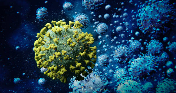 istock Green COVID-19 Coronavirus Molecule with Amidst Blue Contrast Molecules - Microscopic Concept nCOV Influenza Pandemic Outbreak Spread 3D Illustration 1219280667