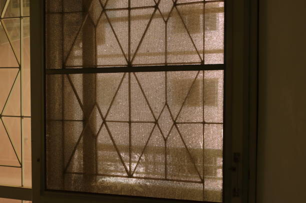 Neglected dirty wire mesh of screen door