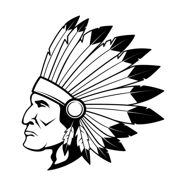 전통적인 머리 장식에 아메리카 원주민 수석의 그림. 라벨, 기호, 포스터, 카드, 티셔츠에 대한 디자인 요소. 벡터 일러스트레이션 - native american north american tribal culture tribal chief headdress stock illustrations