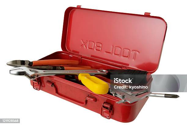 Czerwony Toolbox - zdjęcia stockowe i więcej obrazów Bez ludzi - Bez ludzi, Białe tło, Brudny