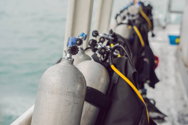 istock scuba compressed air tank on boat. Ready for diving 1219285969