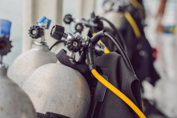 istock scuba compressed air tank on boat. Ready for diving 1219285972