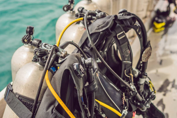 istock scuba compressed air tank on boat. Ready for diving 1219285989