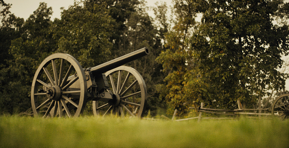 Horizontal shot of Aged cannon installed in ground