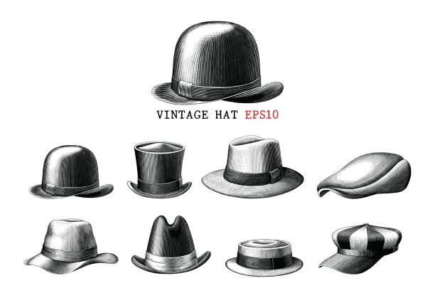 illustrazioni stock, clip art, cartoni animati e icone di tendenza di collezione di cappelli vintage disegnare a mano stile incisione clipart in bianco e nero isolato su sfondo bianco - paglietta