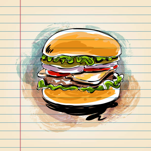 Burger  Drawing on Ruled Paper Drawing of Burger  in watercolour style on ruled paper. Elements are grouped.contains eps10 and high resolution jpeg. ruled stock illustrations