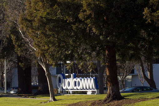 Santa Clara, California, USA - Feb 28, 2020: American multinational semiconductor and telecommunications equipment company Qualcomm Inc.'s Silicon Valley campus exterior.