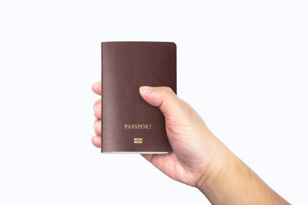 men hand holding blank brown passport isolated on white background with clipping path