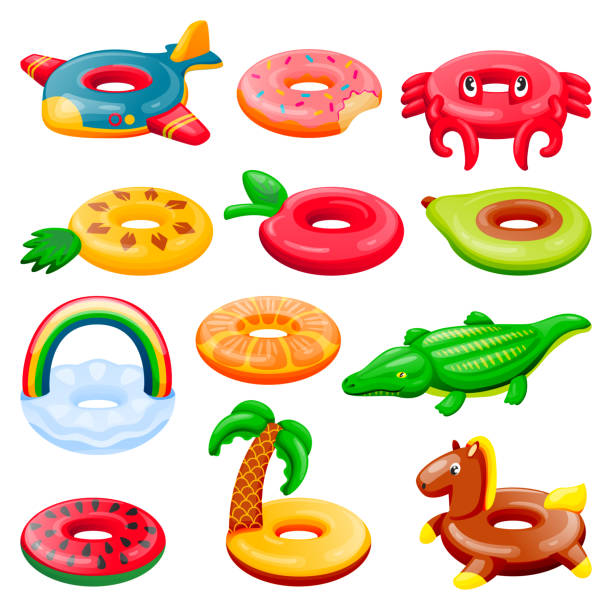 Pool inflatable rings set. Boys and girls floating funny toys. Vector illustration. Summer beach kids leisure elements Pool inflatable rings set. Boys and girls floating funny toys. Vector illustration. Summer beach kids leisure elements. Aircraft, donut, rainbow, avocado, watermelon isolated on white background rainbow crab stock illustrations