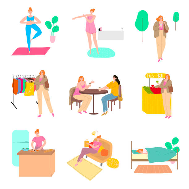 illustrazioni stock, clip art, cartoni animati e icone di tendenza di set di scene da normale illustrazione vettoriale del giorno delle ragazze - yoga meeting