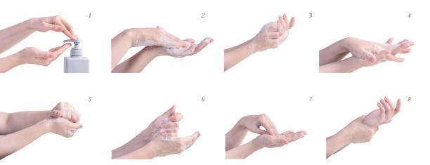 istock Washing hand step instruction isolated on white background. Asian young woman using liquid soap, concept of protecting pandemic coronavirus. 1219312132