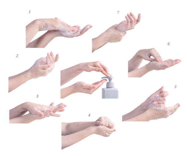 istock Washing hand step instruction isolated on white background. Asian young woman using liquid soap, concept of protecting pandemic coronavirus. 1219312143
