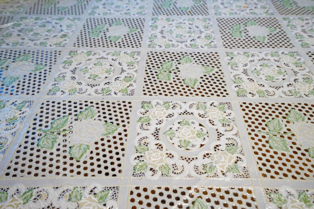 istock Close up Green and white Lace Print Plastic Party Tablecloth cover 1219314536