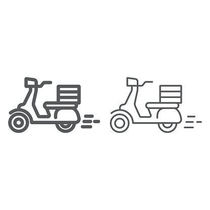 Food delivery line and thin icon, pizza motorcycle and vehicle, scooter sign, vector graphics, a linear icon on a white background, eps 10