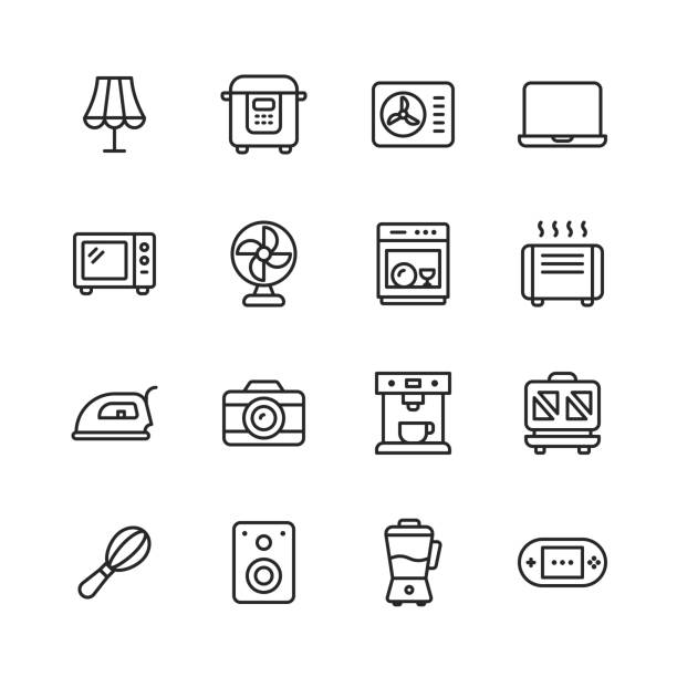 ilustrações de stock, clip art, desenhos animados e ícones de appliances line icons. editable stroke. pixel perfect. for mobile and web. contains such icons as lamp, air conditioner, laptop, microwave, toaster, speaker, blender, oven, dishwasher. - lava lamp