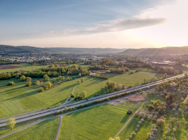 Aerial View of Schorndorf at sunset stock photo