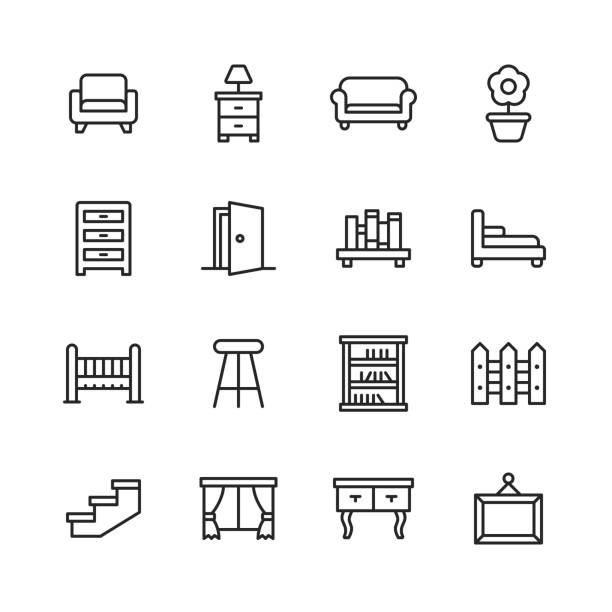 möbel linie icons. bearbeitbarer strich. pixel perfekt. für mobile und web. enthält symboleweise sessel, sofa, couch, interior design, bücherregal, tür, bett, blume, treppe, malerei, fenster, hocker, krippe, kommode. - spiegelschrank mit beleuchtung stock-grafiken, -clipart, -cartoons und -symbole