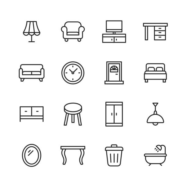 ilustrații de stoc cu icoane linie de mobilier. contur editabil. pixel perfect. pentru mobil și web. conține icoane precum lampă, fotoliu, bancă tv, birou, canapea, canapea, ușă, pat, dulap, baie, masă, oglindă. - mobilier