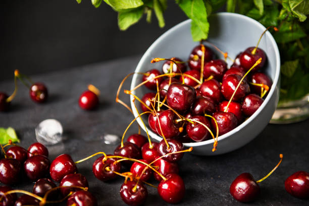 istock plate of ripe red cherries with mint on a gray background,  berries 1219324876