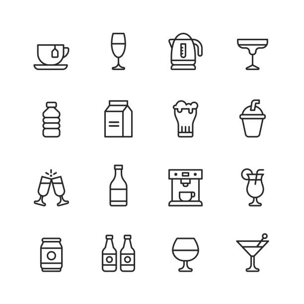 ilustrações de stock, clip art, desenhos animados e ícones de drink and alcohol line icons. editable stroke. pixel perfect. for mobile and web. contains such icons as tea, wine, cocktail, water, milk, beer, milkshake, champagne, coffee machine, beach drink, beer can. - café macchiato