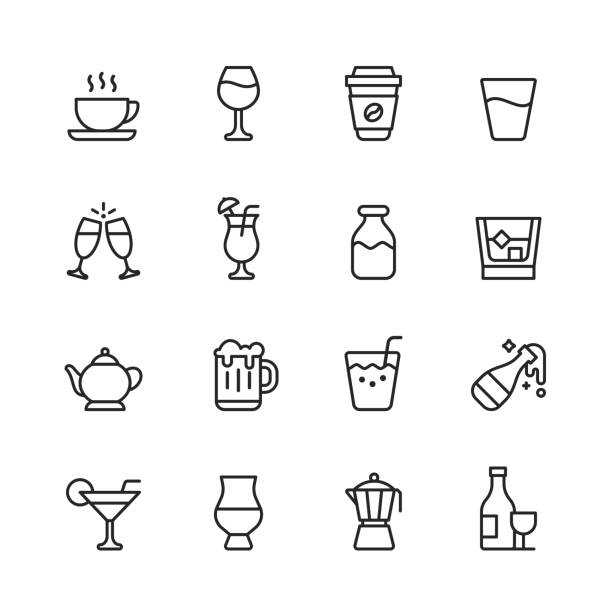 illustrazioni stock, clip art, cartoni animati e icone di tendenza di icone della linea di bevande e alcol. tratto modificabile. pixel perfetto. per dispositivi mobili e web. contiene icone come caffè, vino, tazza di caffè, acqua, champagne, latte, whisky, teiera, birra, succo di frutta, bottiglia di champagne, margarita,  - silhouette vodka bottle glass