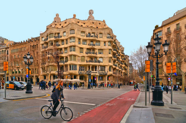 Barcelona Spain, Cityscape with Casa Mila house Facade one of the major tourist attractions in historical city centre. Barcelona Spain, 05.02.2017. Cityscape with Casa Mila house Facade one of the major tourist attractions in historical city centre. casa stock pictures, royalty-free photos & images