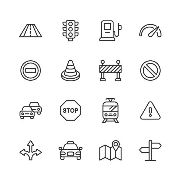 Vector illustration of Traffic Line Icons. Editable Stroke. Pixel Perfect. For Mobile and Web. Contains such icons as Road, Traffic Light, Speedometer, Stop Sign, Traffic Cone, Car, Vehicle, Warning Sign, Map, Navigation, Taxi, Gas Station, Tram.