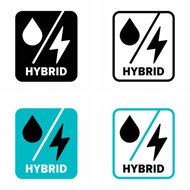 "hybrid"-fahrzeug mit verschiedenen arten von leistungsinformationszeichen - hybridauto stock-grafiken, -clipart, -cartoons und -symbole